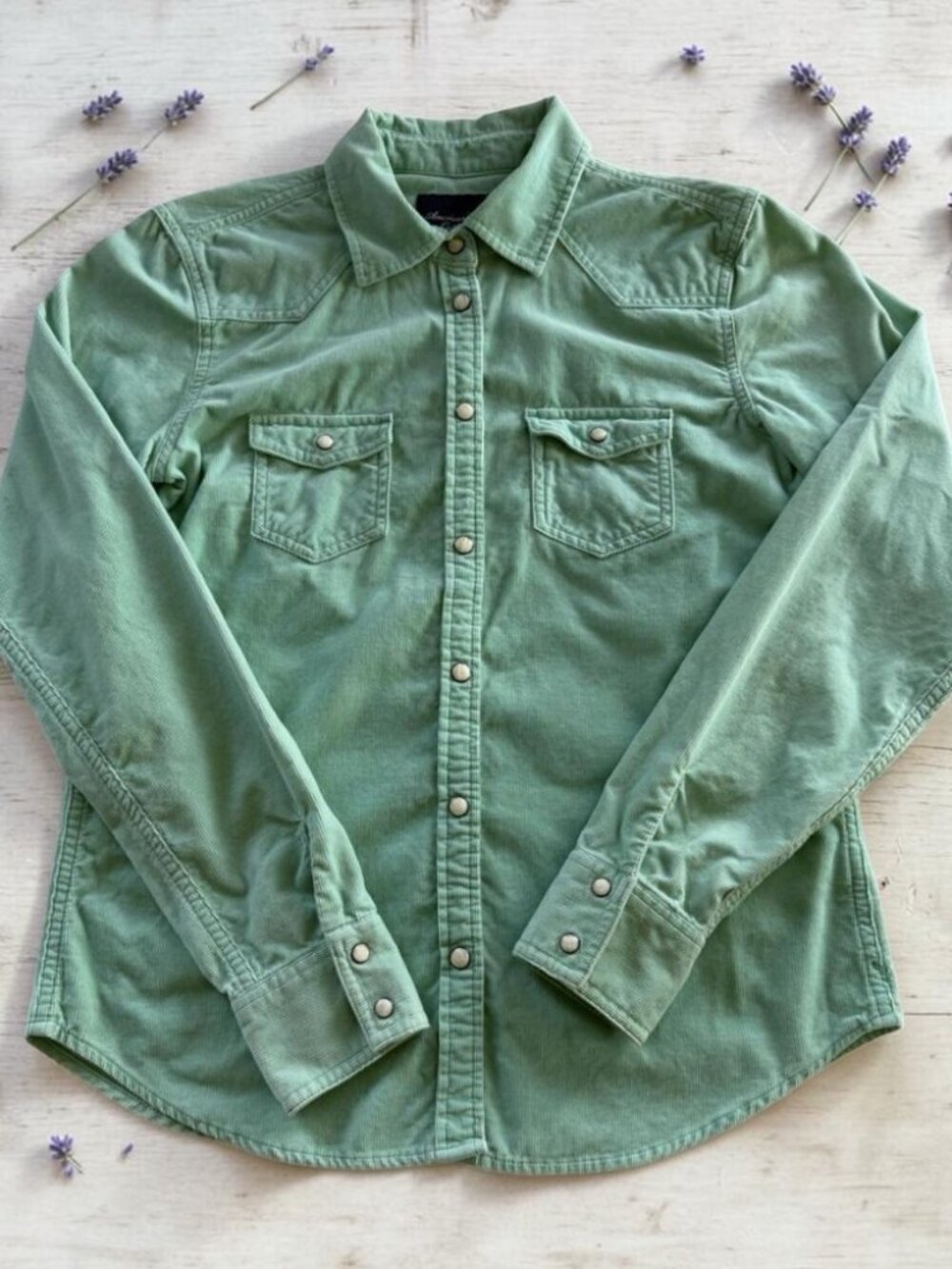 American Eagle‎ Western Pearl Snap Corduroy Mint Green Womens Top Shirt S/P